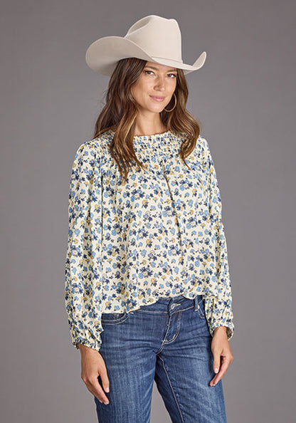 Stetson Blouse paysanne femme « Field Flowers » – Bleu