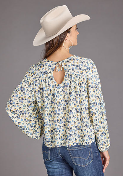 Stetson Blouse paysanne femme « Field Flowers » – Bleu