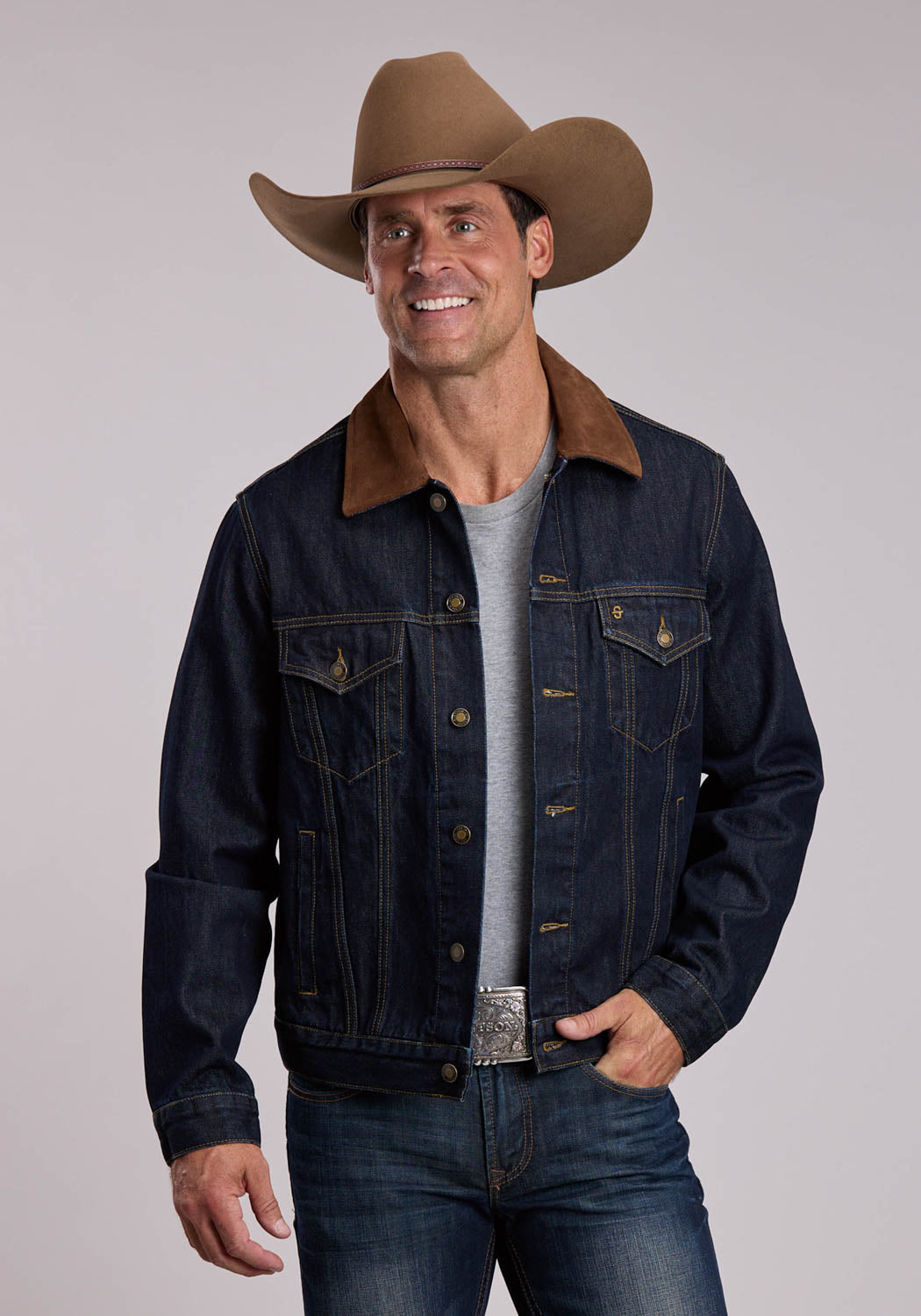 Stetson Veste en jean pour homme, col en daim, 100 % coton bleu