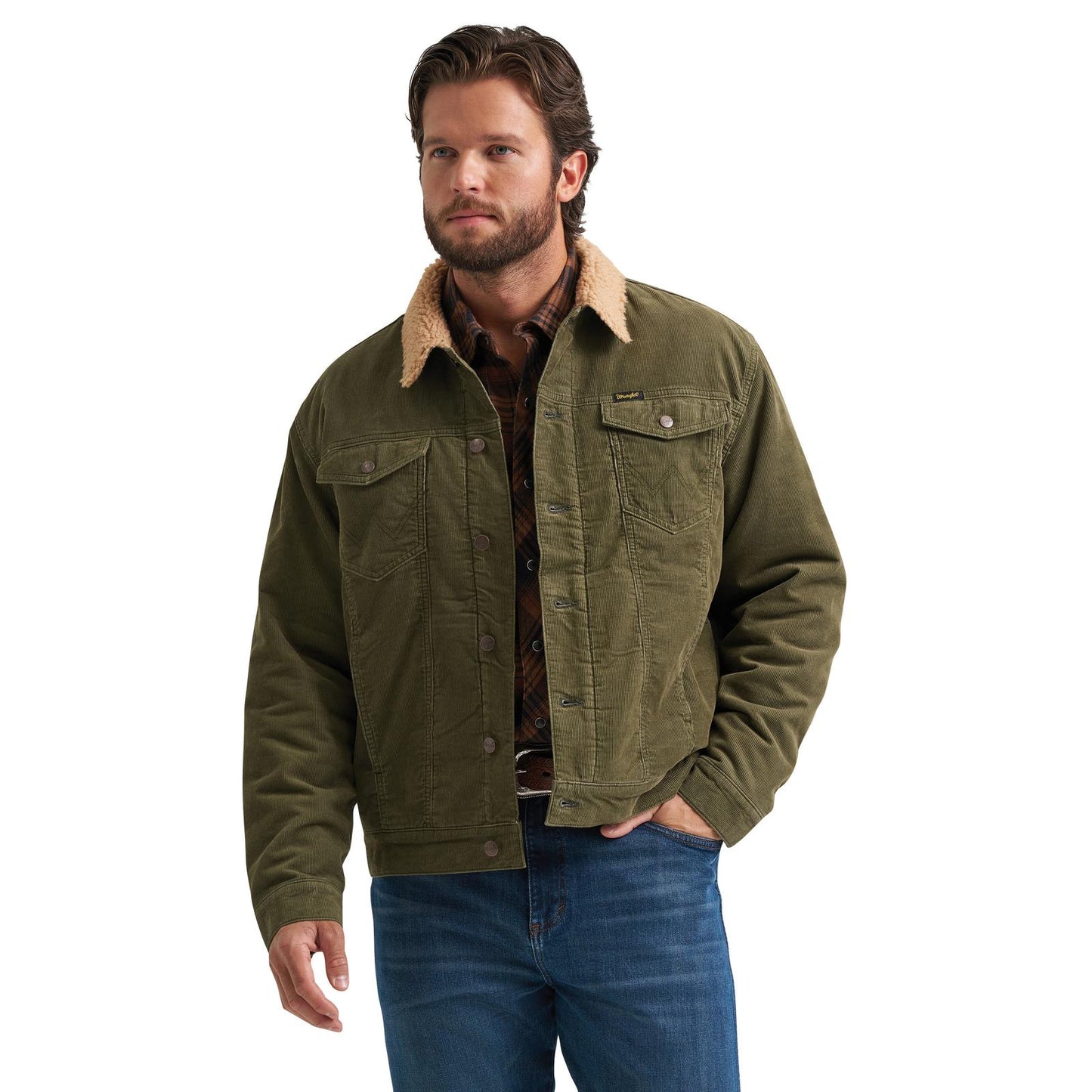 Wrangler Veste en velours côtelé  - Doublée de sherpas - Olive