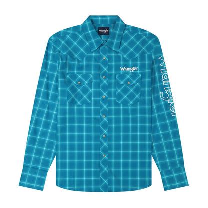 Wrangler® Long Sleeve Logo Shirt - Classic Fit - Snaps - Aqua Homme