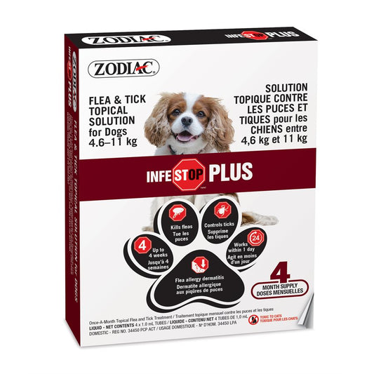 Zodiac Infestop PLUS pour Chiens 4.6KG à 11KG - 4 Tubes