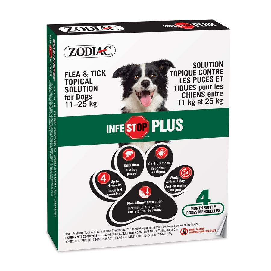 Zodiac Infestop PLUS pour Chiens 11KG à 25KG - 4 Tubes