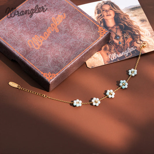 Bracelet Wrangler en or 14 carats maillons marguerite et pierres naturelles  - Vert