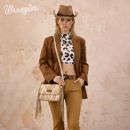Sac bandoulière à franges Wrangler à motif vache- Beige