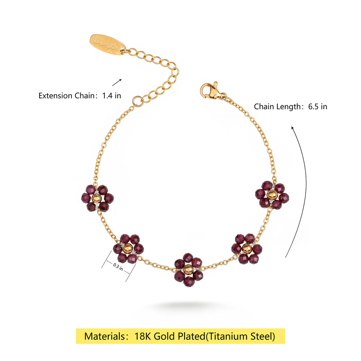 Bracelet Wrangler en or 14 carats, maillons marguerite et pierres naturelles - Bordeaux