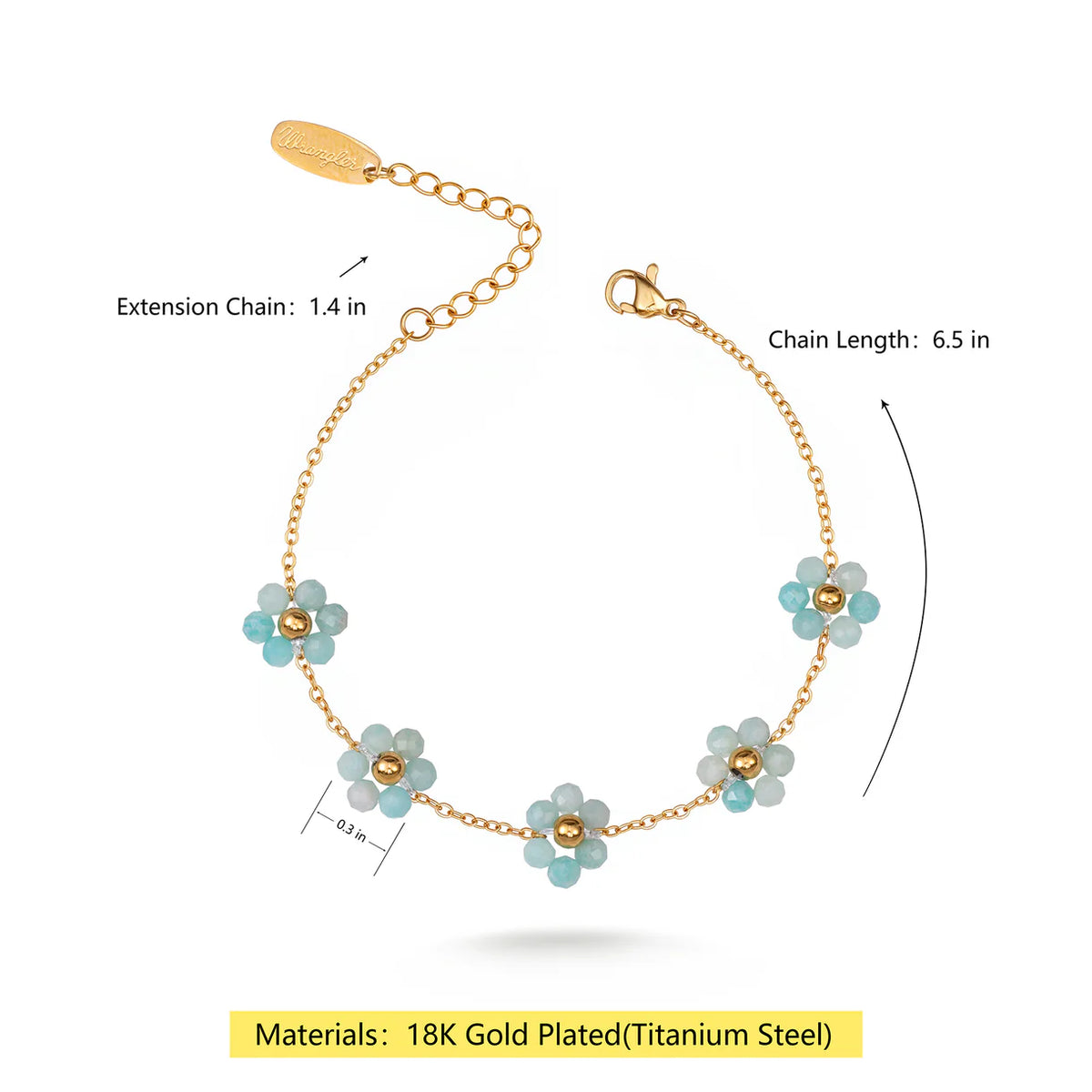 Bracelet Wrangler en or 14 carats maillons marguerite et pierres naturelles  - Vert