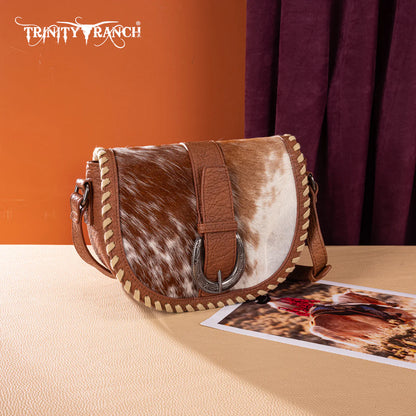 Sac bandoulière Trinity Ranch Western en cuir de vachette à poils - Marron