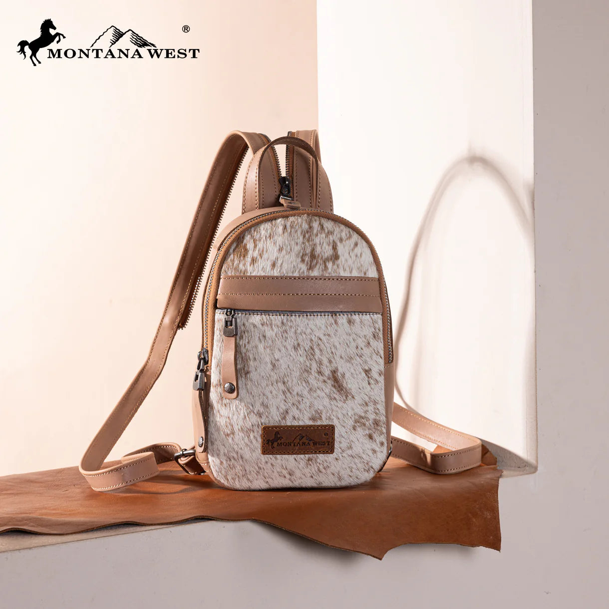 Sac à dos bandoulière convertible Montana West en cuir véritable avec poils - Beige