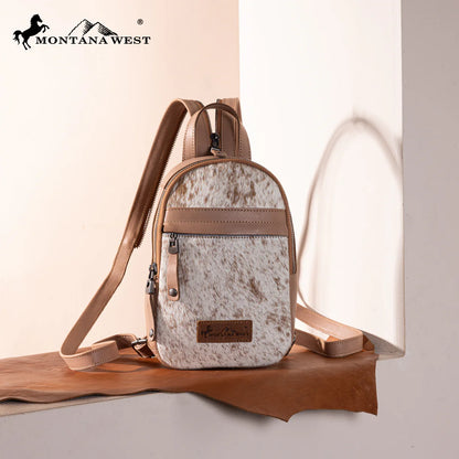 Sac à dos bandoulière convertible Montana West en cuir véritable avec poils - Beige