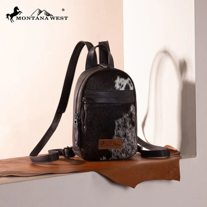 Sac à dos bandoulière convertible Montana West en cuir véritable avec poils - Noir
