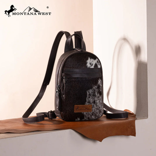 Sac à dos bandoulière convertible Montana West en cuir véritable avec poils - Noir