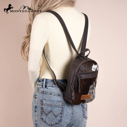 Sac à dos bandoulière convertible Montana West en cuir véritable avec poils - Noir