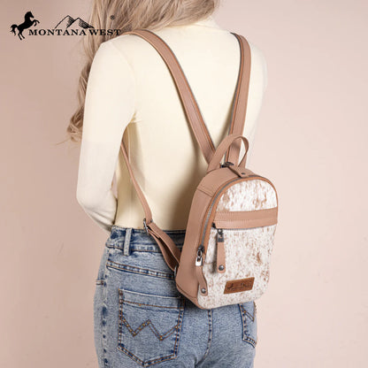 Sac à dos bandoulière convertible Montana West en cuir véritable avec poils - Beige