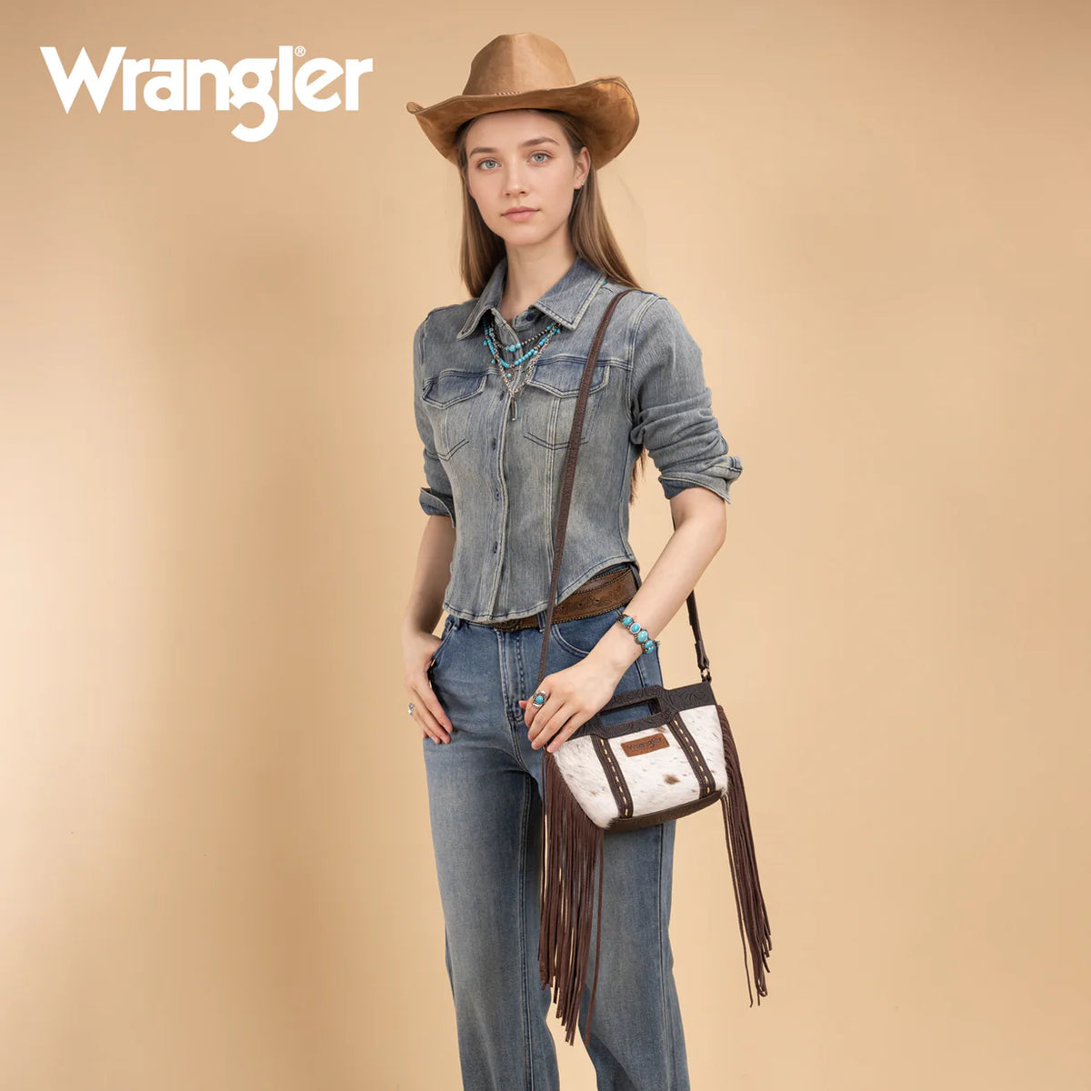 Sac bandoulière à franges et poignée supérieure Wrangler en cuir de vachette véritable