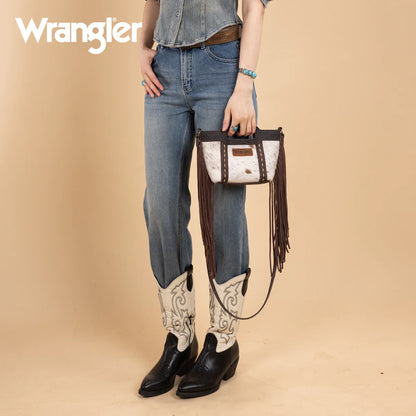 Sac bandoulière à franges et poignée supérieure Wrangler en cuir de vachette véritable