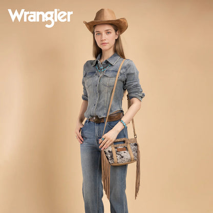 Sac bandoulière à franges et poignée supérieure Wrangler en cuir de vachette véritable