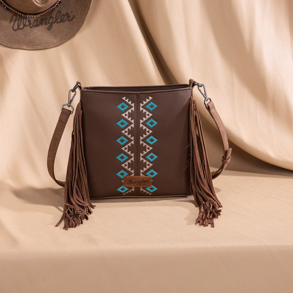 Sac bandoulière Wrangler à franges brodées aztèques- Marron