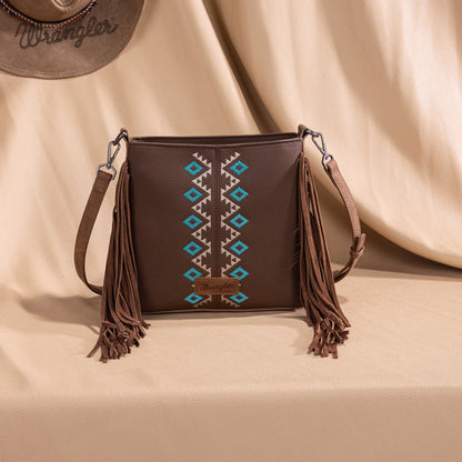 Sac bandoulière Wrangler à franges brodées aztèques- Marron