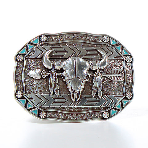 Nocona Boucle de Ceinture Rectangulaire pour Homme avec Motif Crâne de Taureau et Gravure Florale