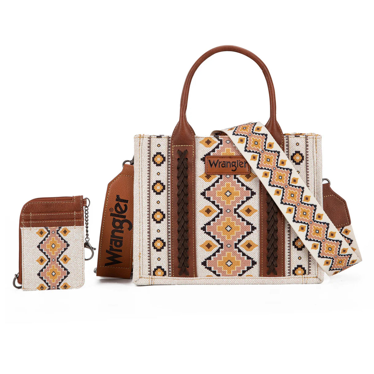 Ensemble sac cabas/bandoulière et porte-cartes Wrangler Aztec petit format- Café