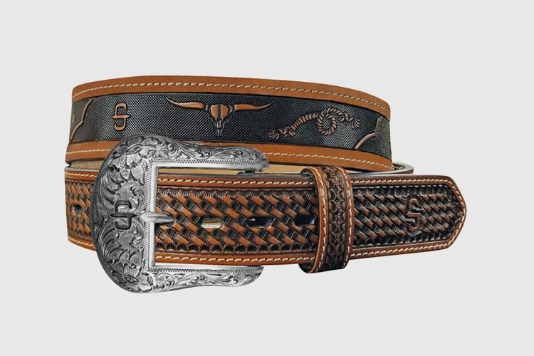 Stetson Ceinture western en cuir pleine fleur avec motifs western – 38 mm