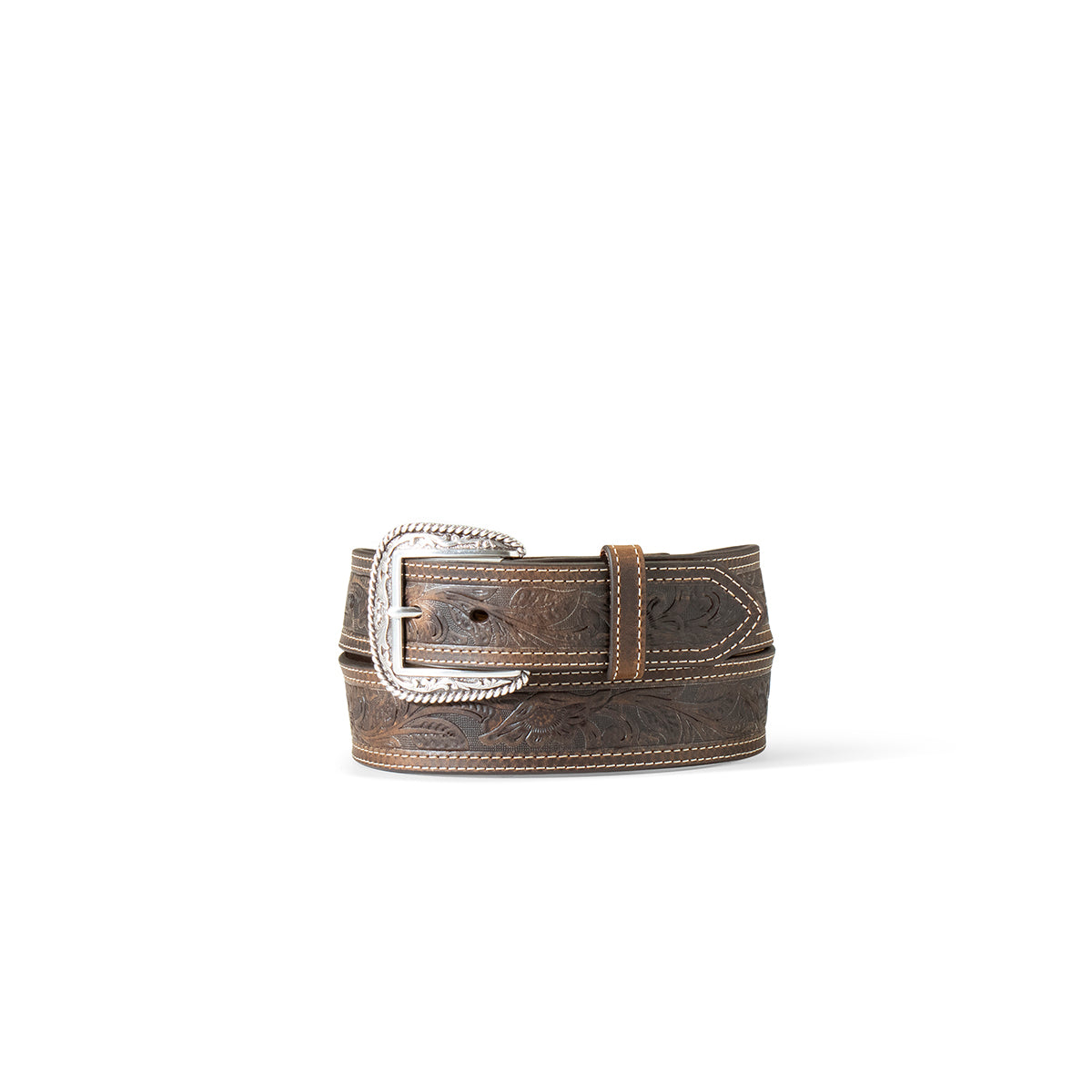 Ariat Ceinture western pour homme – Cuir embossé marron avec boucle argentée
