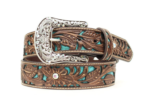 Ariat Ceinture mode pour femme – cuir brun, incrustation turquoise et strass