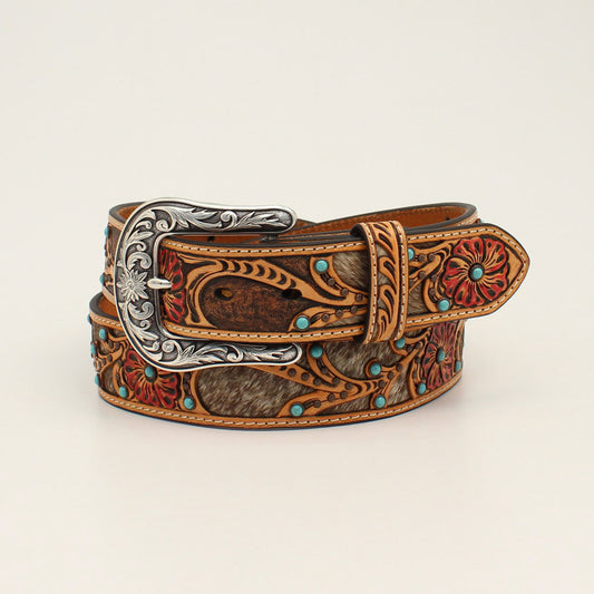 Ariat Ceinture pour femme – 1 1/2 po, cuir brun avec fleurs rouges et poils de veau