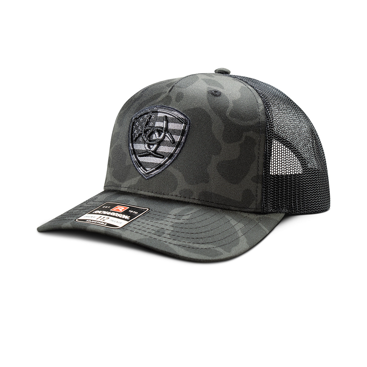 Ariat Casquette pour Homme Noir et Gris avec Écusson Brodé 3D et Drapeau Américain