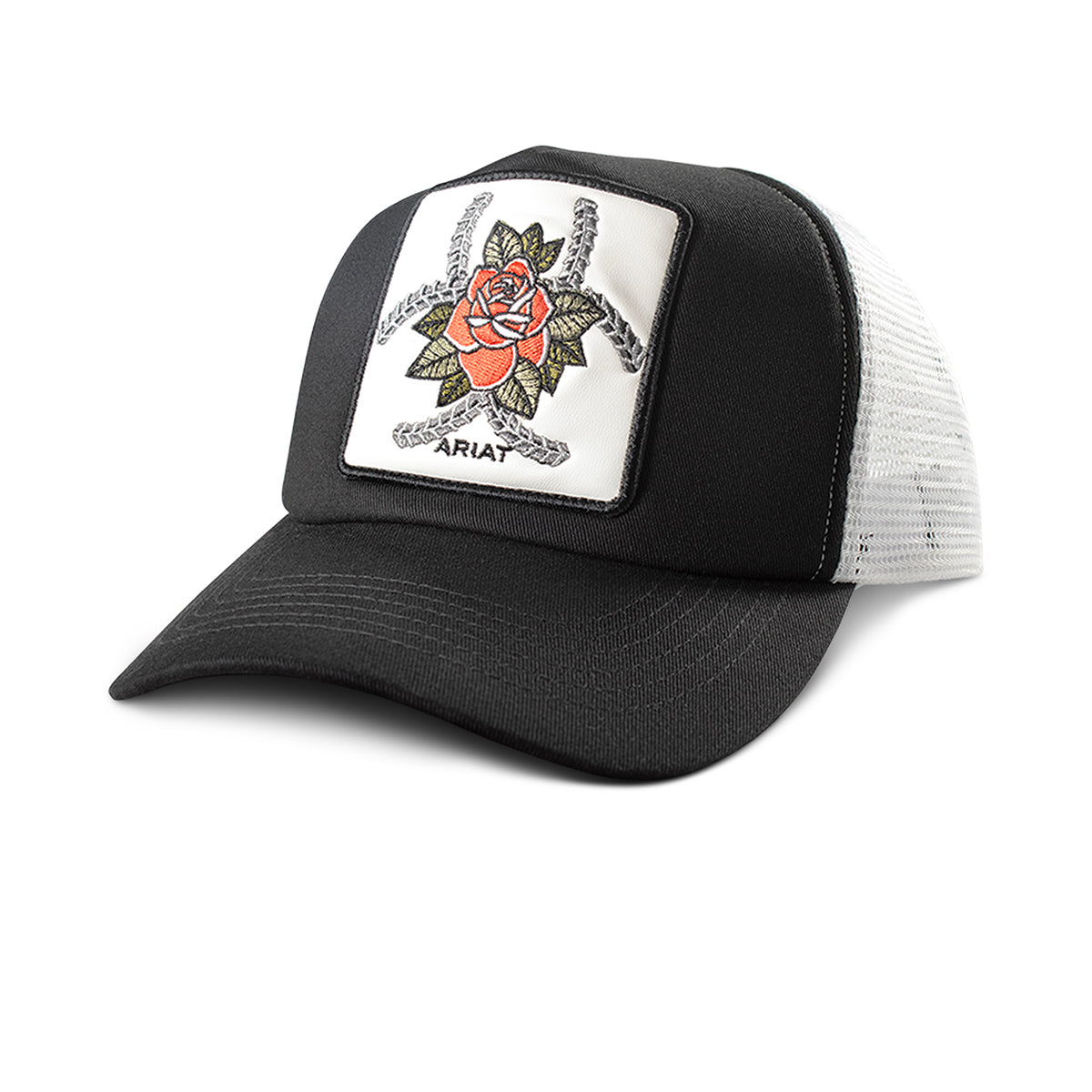 Ariat Casquette Ponyflo pour Femme Noire avec Patch en Cuir Synthétique et Broderie Rose