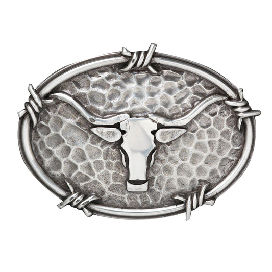 Ariat Boucle de Ceinture pour Homme Ovale Argent Antique avec Motif Tête de Bétail et Bordure Barbelée