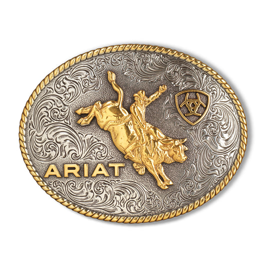 Ariat Boucle de Ceinture Ovale avec Motif Bull Rider et Finition Argent et Or Antique