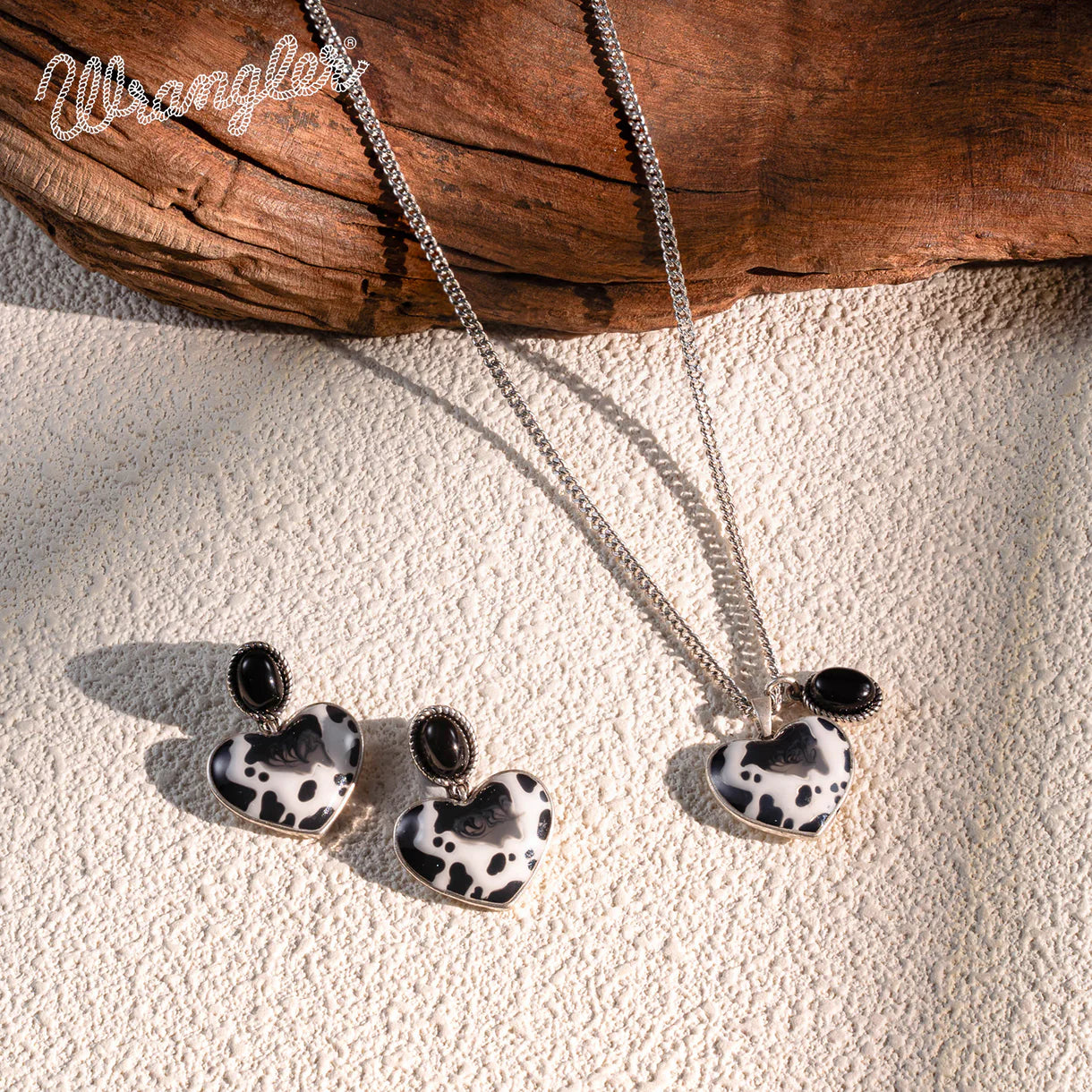 Ensemble collier et boucles d'oreilles Wrangler avec pendentif en pierre naturelle et argent - Noir