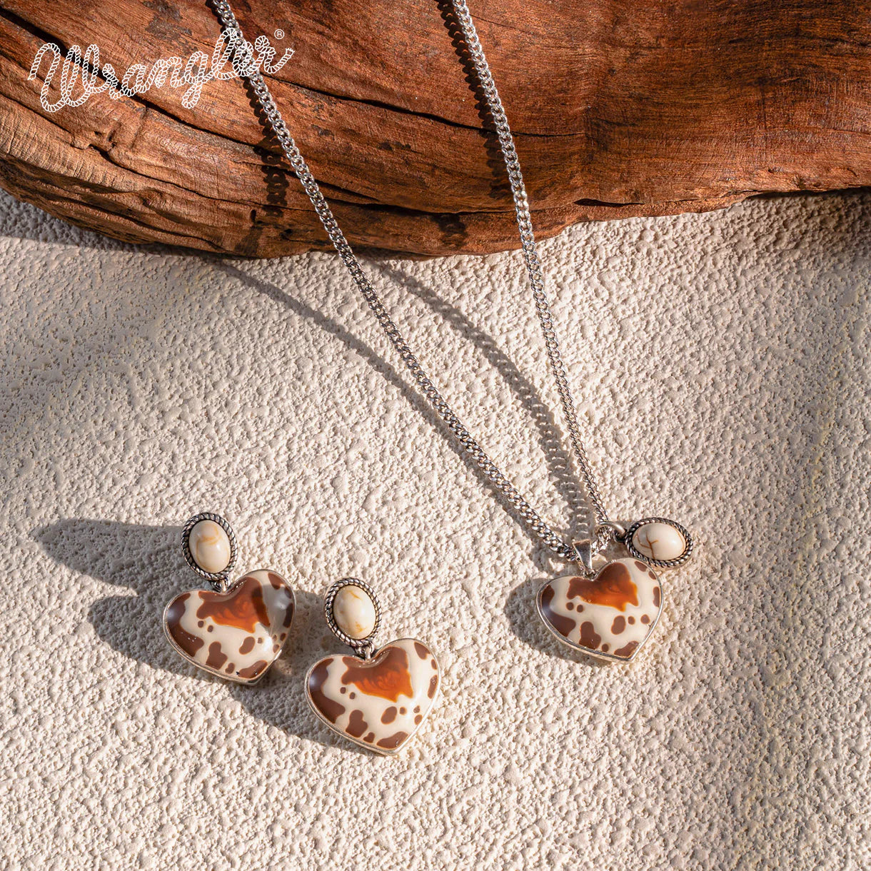 Ensemble collier et boucles d'oreilles Wrangler en argent, pierre naturelle et beige