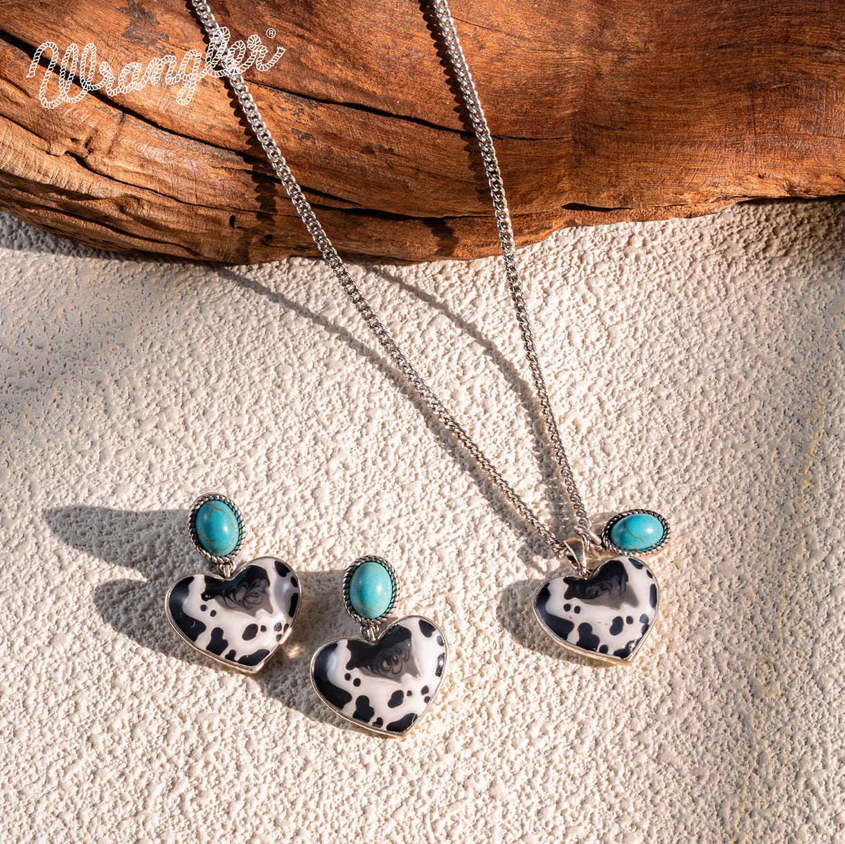 Ensemble collier et boucles d'oreilles Wrangler avec pendentif en pierre naturelle et pierre turquoise - Argent - Turquoise
