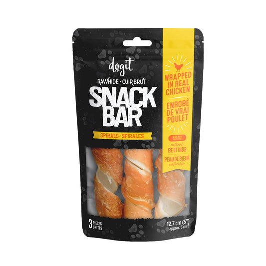 Gâteries Snack Bar Dogit, spirales de peau de bœuf enrobées de poulet, 12,7 cm, paquet de 3