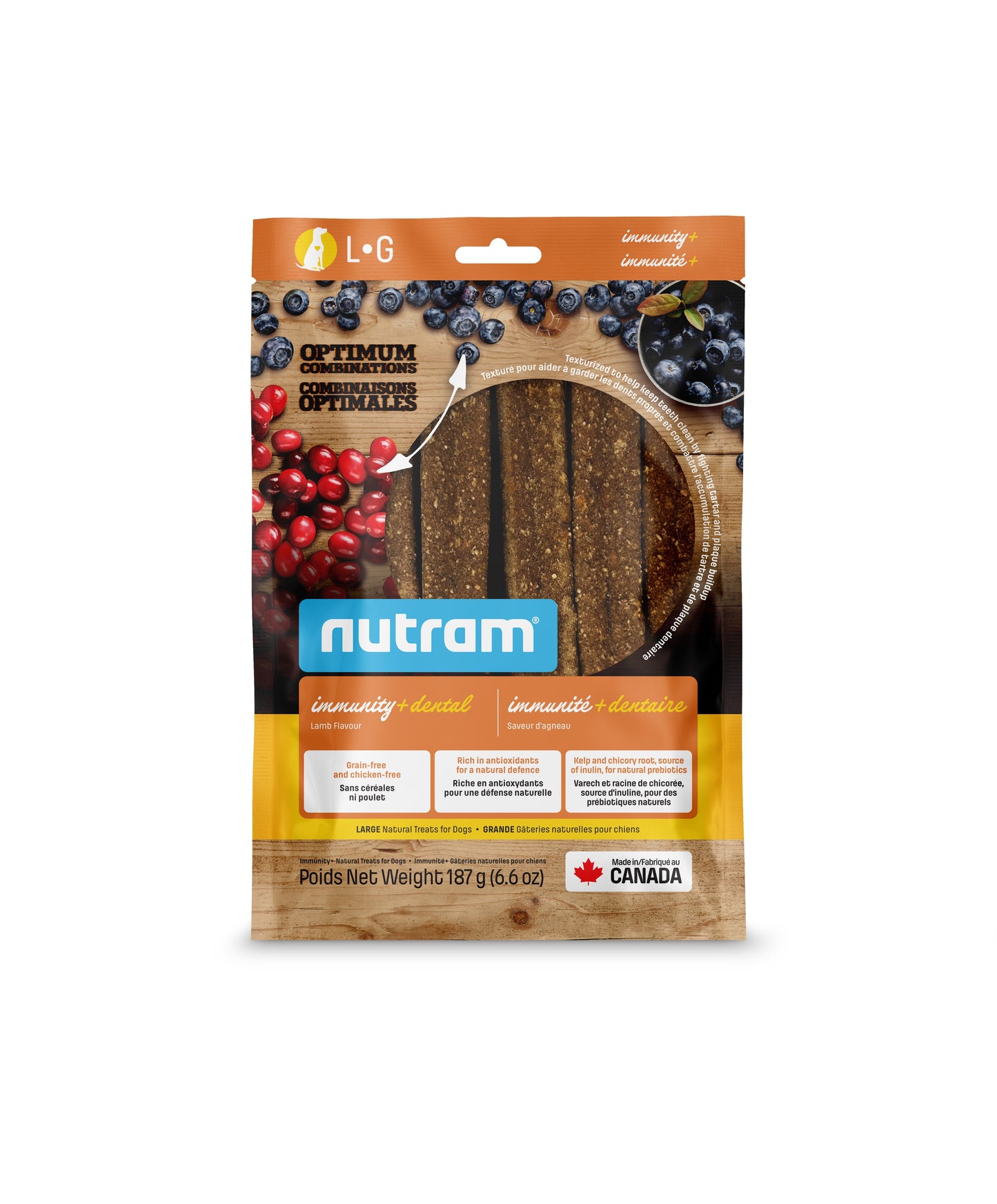 Nutram Combinaisons Optimales Immunité+ Dentaire, Gâteries Pour Chien, Agneau, Grand 187g