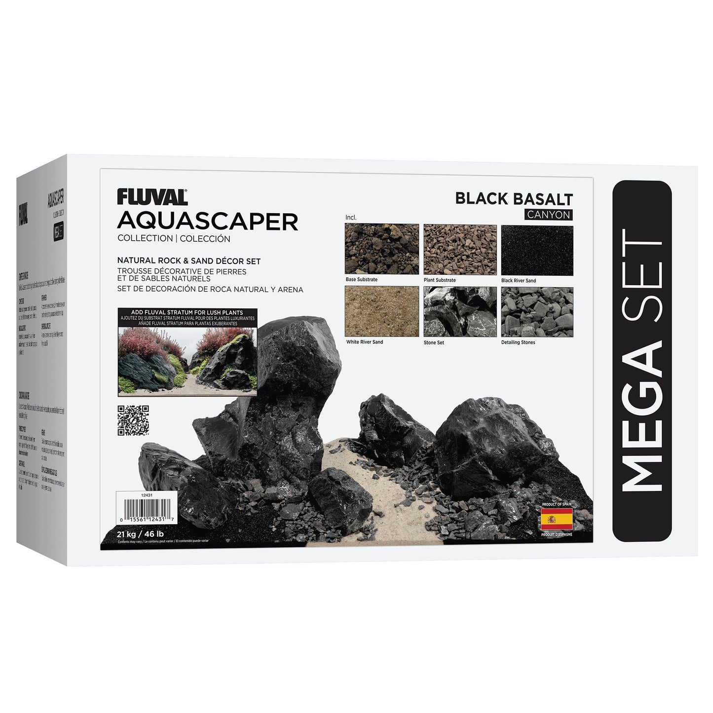 Trousse décorative Fluval de pierres et de sables, Black Basalt, Méga, 21 kg (46 lb)