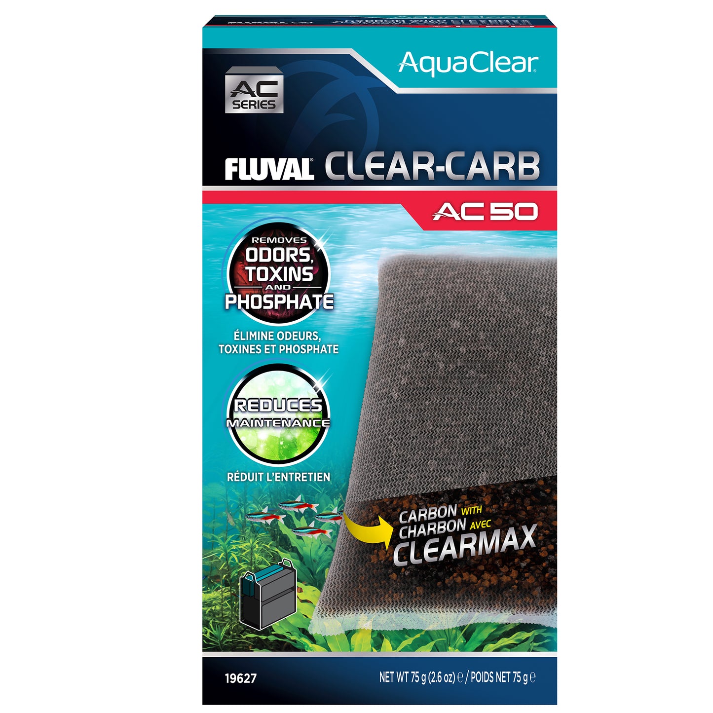 Masse filtrante Clear-Carb pour filtre à moteur AquaClear 50 Fluval, 75 g (2,6 oz), paquet de 1