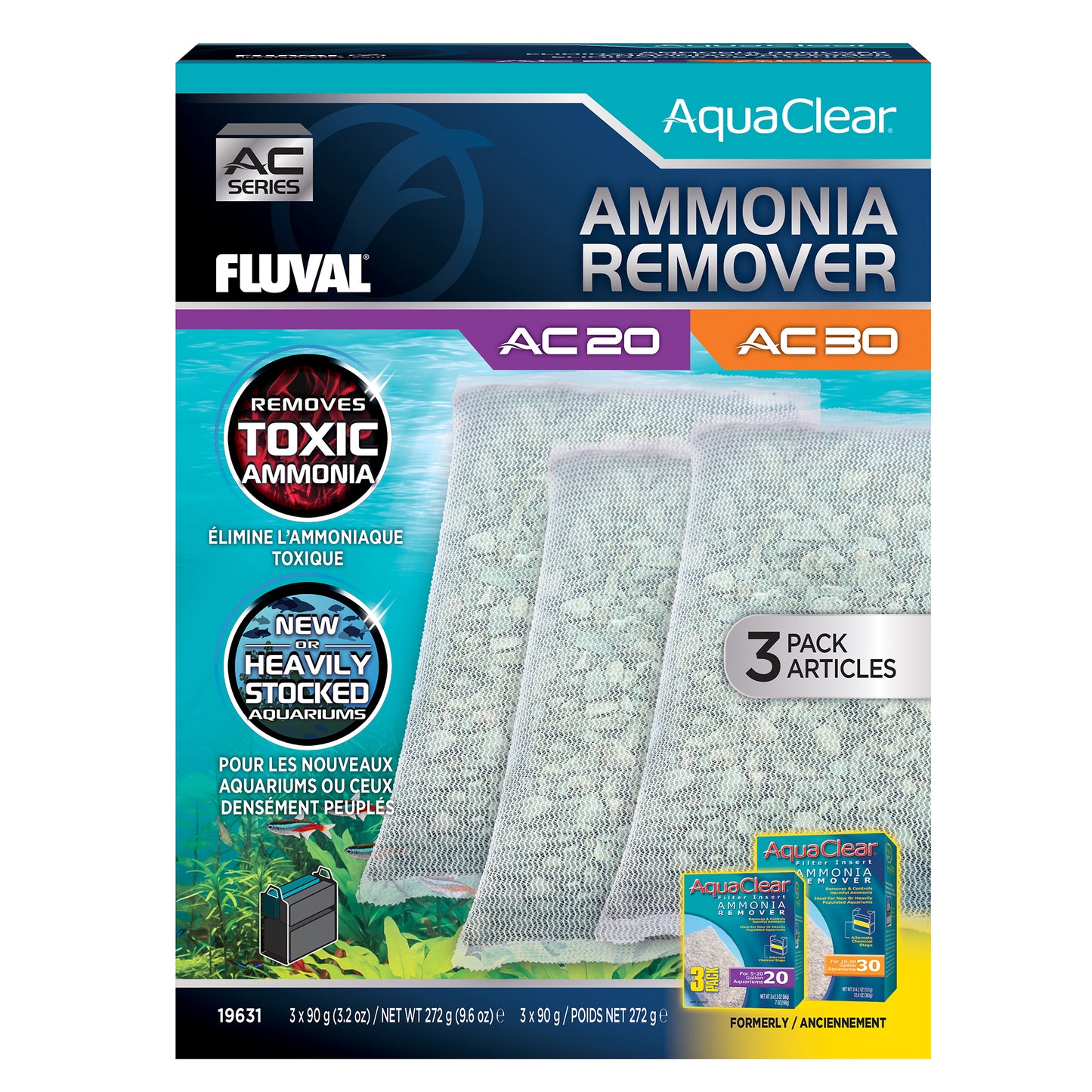 Éliminateurs d’ammoniaque pour filtre à moteur AquaClear 20/30 Fluval, 272 g (9,6 oz), paquet de 3