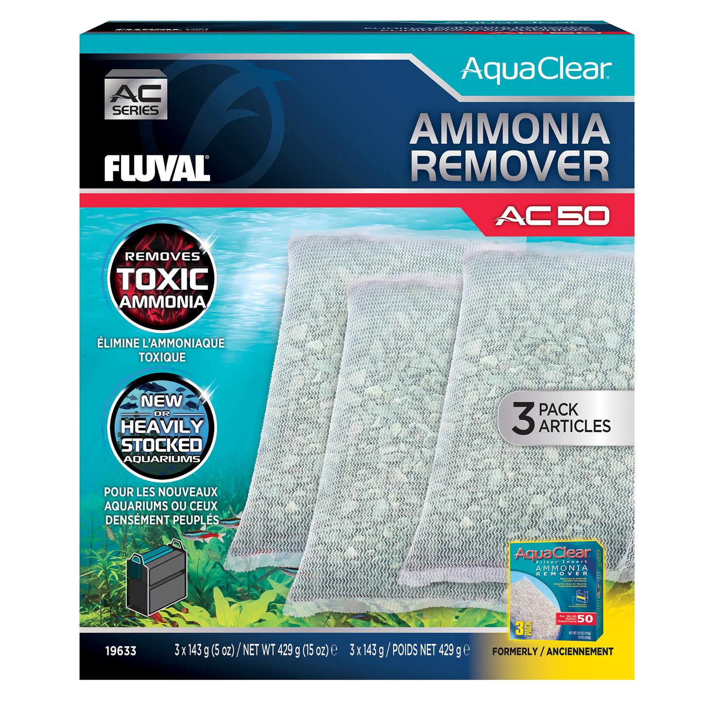 Éliminateurs d’ammoniaque pour filtre à moteur AquaClear 50 Fluval, 429 g (15 oz), paquet de 3