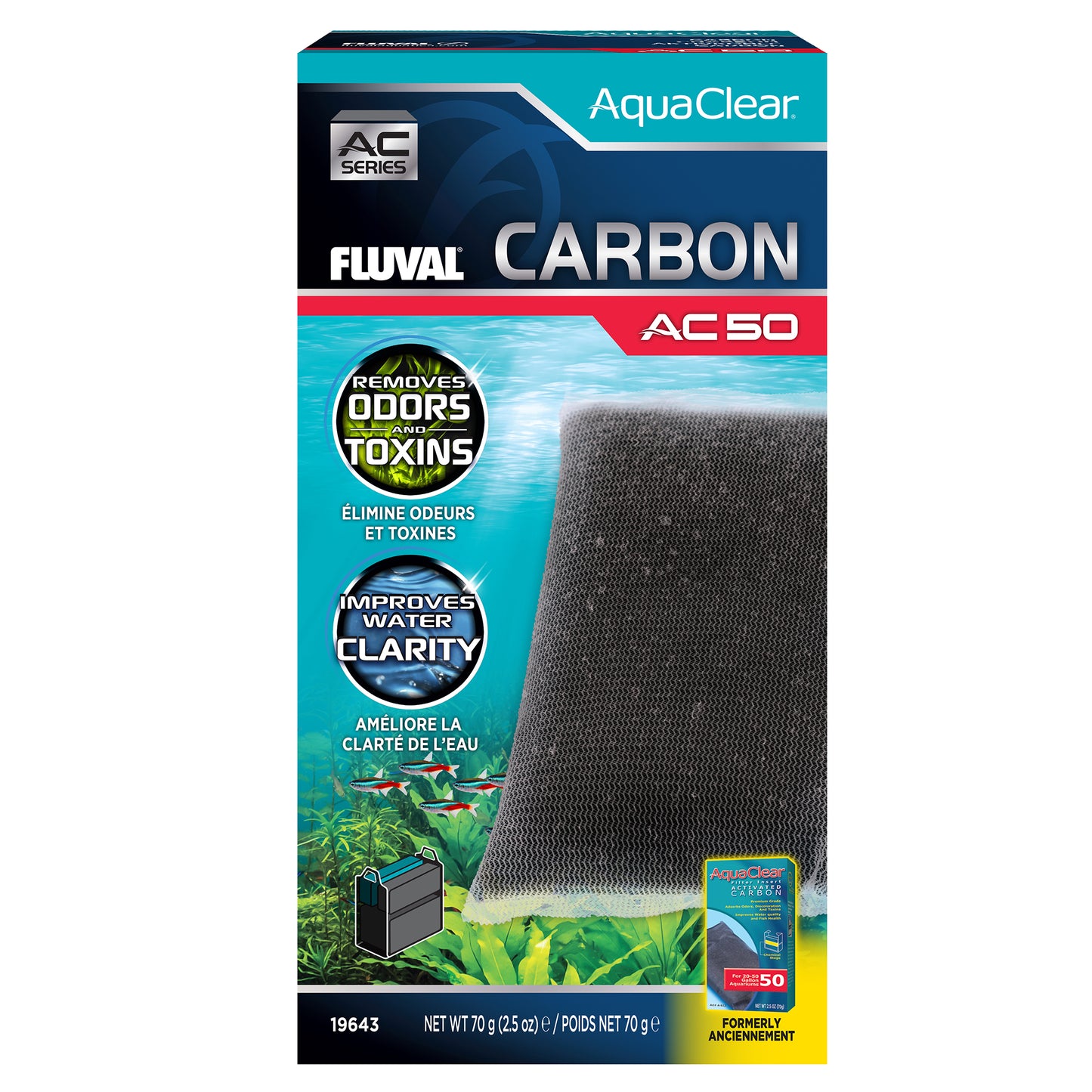 Charbon pour filtre à moteur AquaClear 50 Fluval, 70 g (2,5 oz), paquet de 1