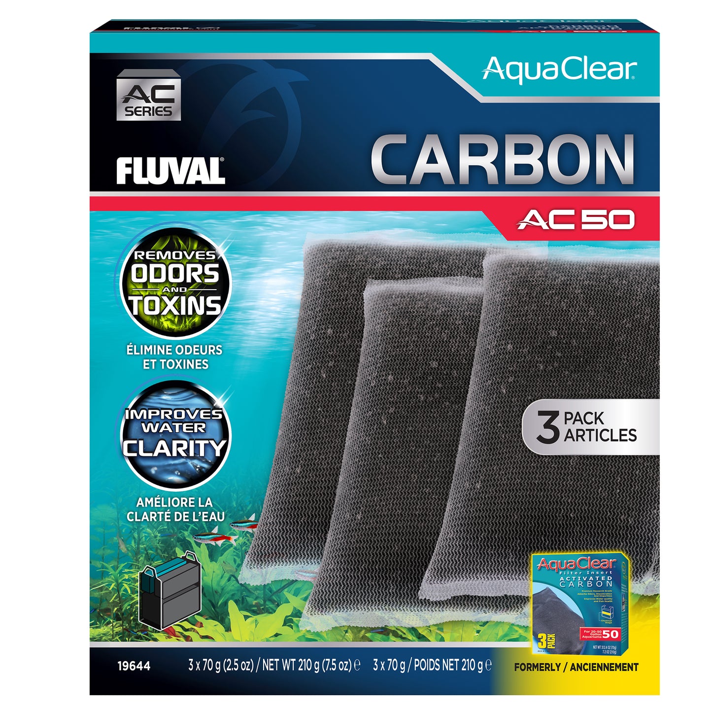 Charbon pour filtre à moteur AquaClear 50 Fluval, 210 g (7,5 oz), paquet de 3