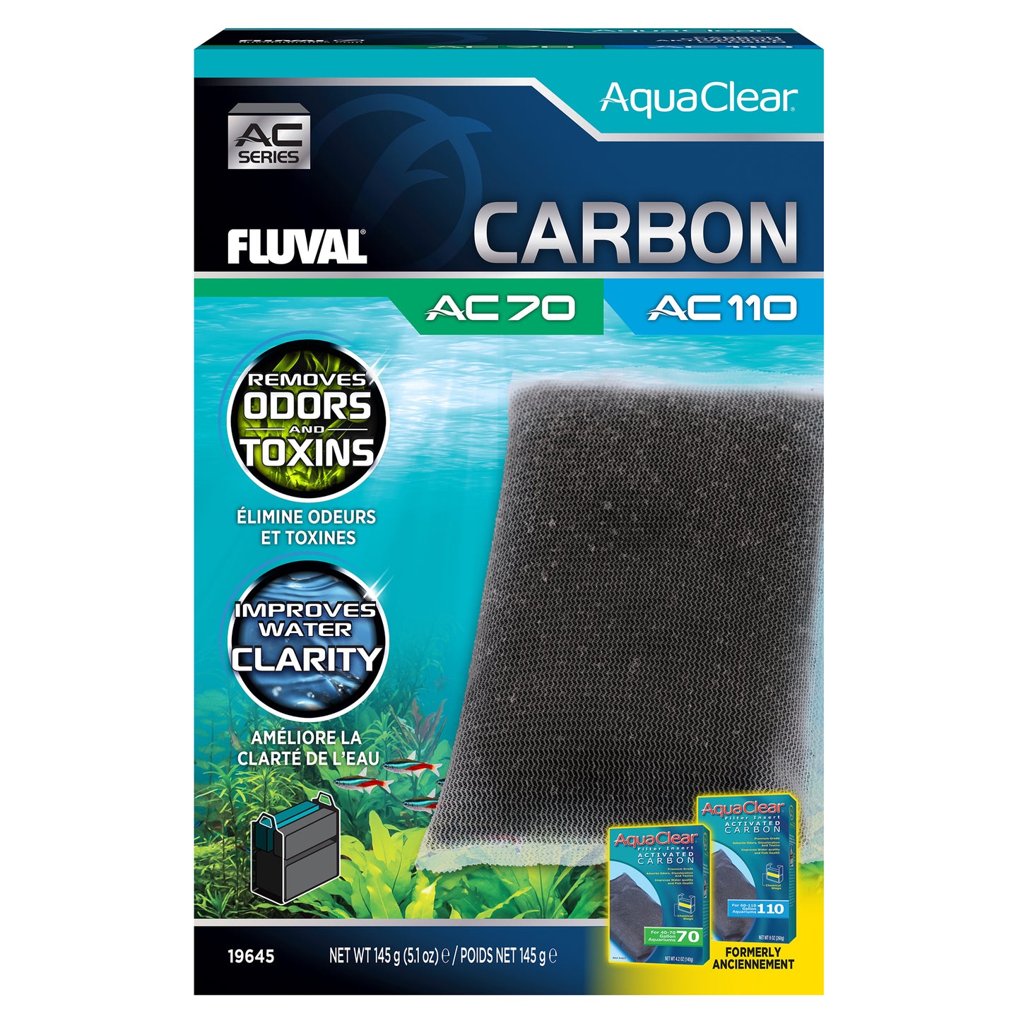 Charbon pour filtre à moteur AquaClear 70/110 Fluval, 145 g (5,1 oz), paquet de 1