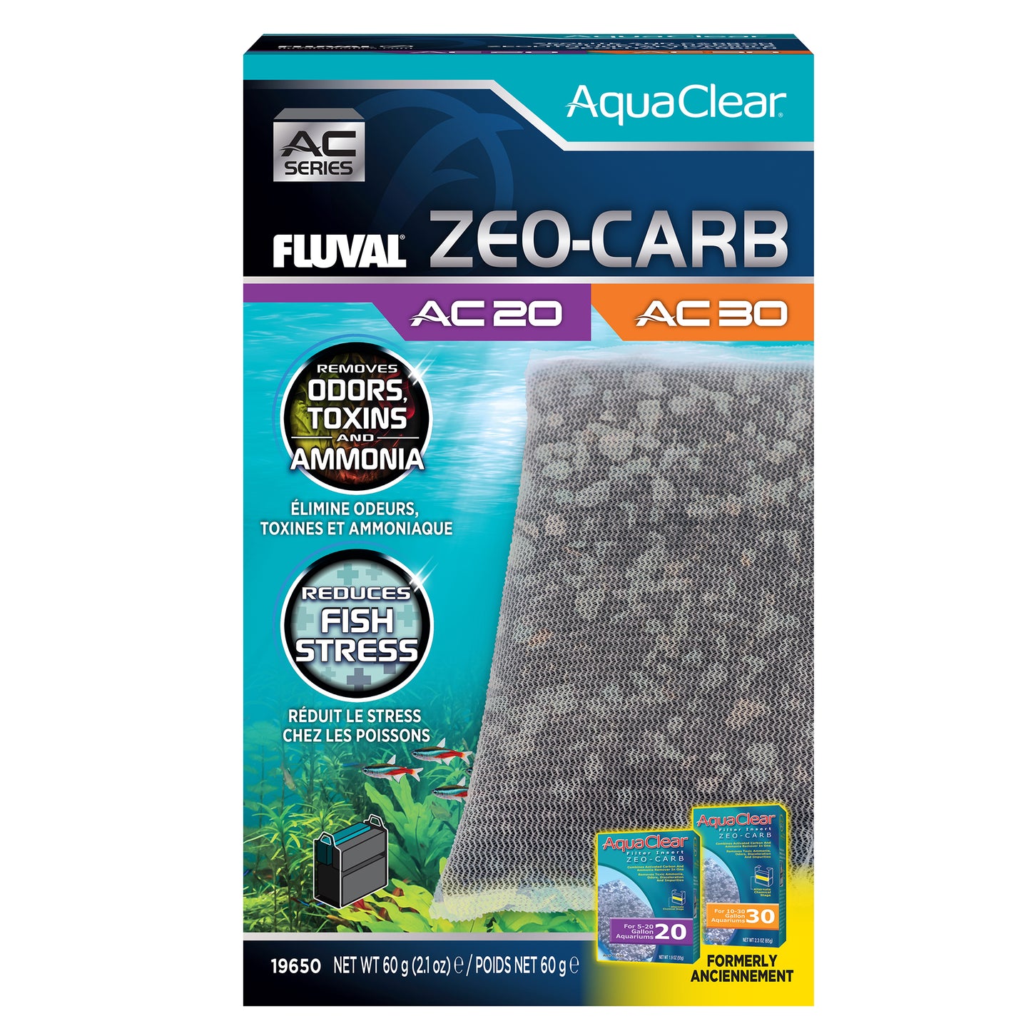 Masse filtrante Zeo-Carb pour filtre à moteur AquaClear 20/30 Fluval, 60 g (2,1 oz), paquet de 1