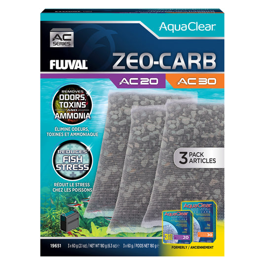 Masses filtrantes Zeo-Carb pour filtre à moteur AquaClear 20/30 Fluval, 180 g (6,3 oz), paquet de 3