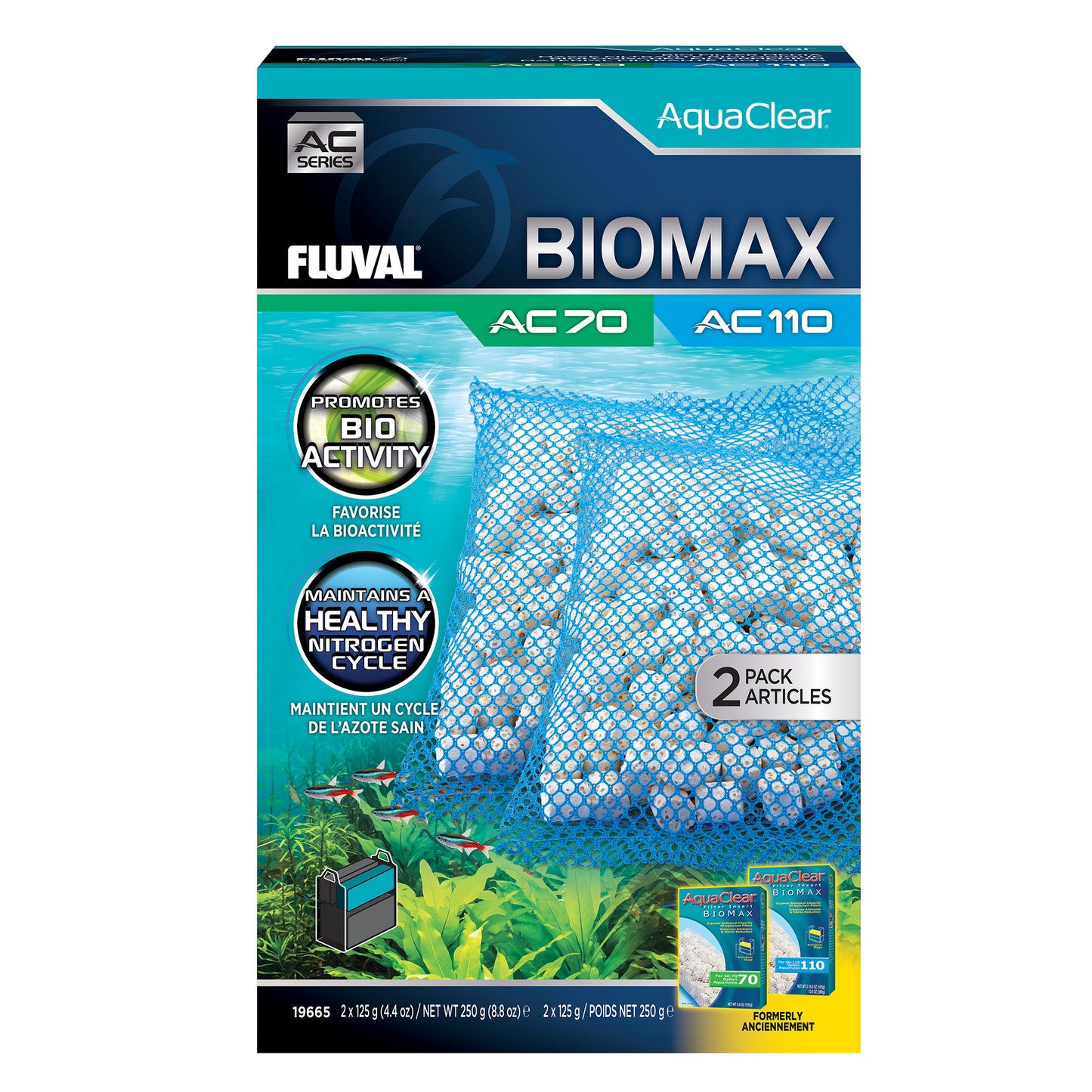 Masses filtrantes BIOMAX pour filtre à moteur AquaClear 70/110 Fluval, 250 g (8,8 oz), paquet de 2