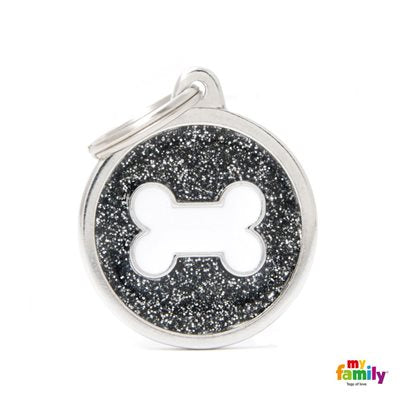 Medaille Black Big Glitter Circle White Bone