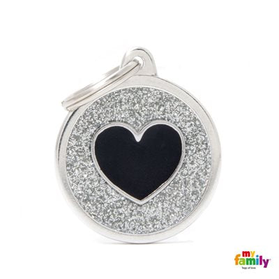 Medaille Grey Big Glitter Circle Black Heart